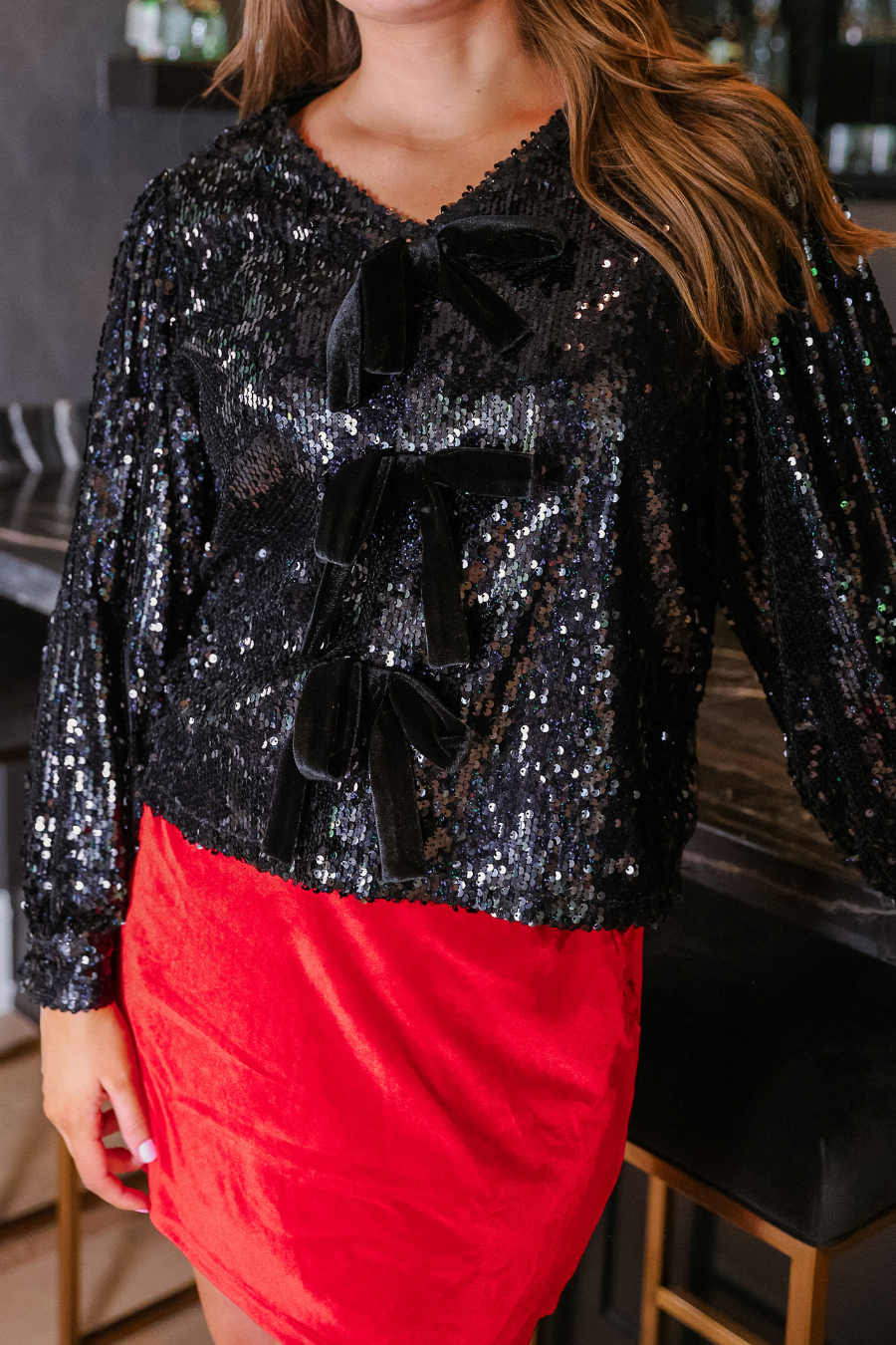 PREORDER-Betty Bow Top - Black Sequin