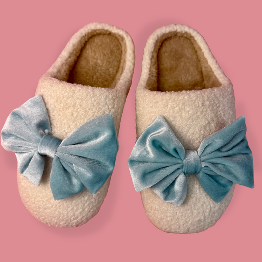 Cozy Bow Slippers- White/Aqua