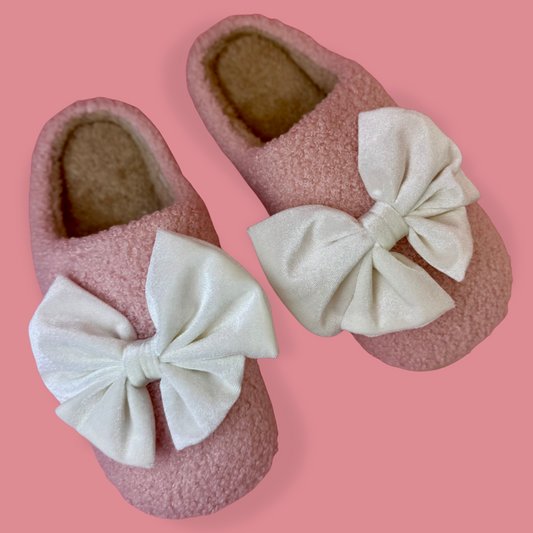Cozy Bow Slippers- Pink/White