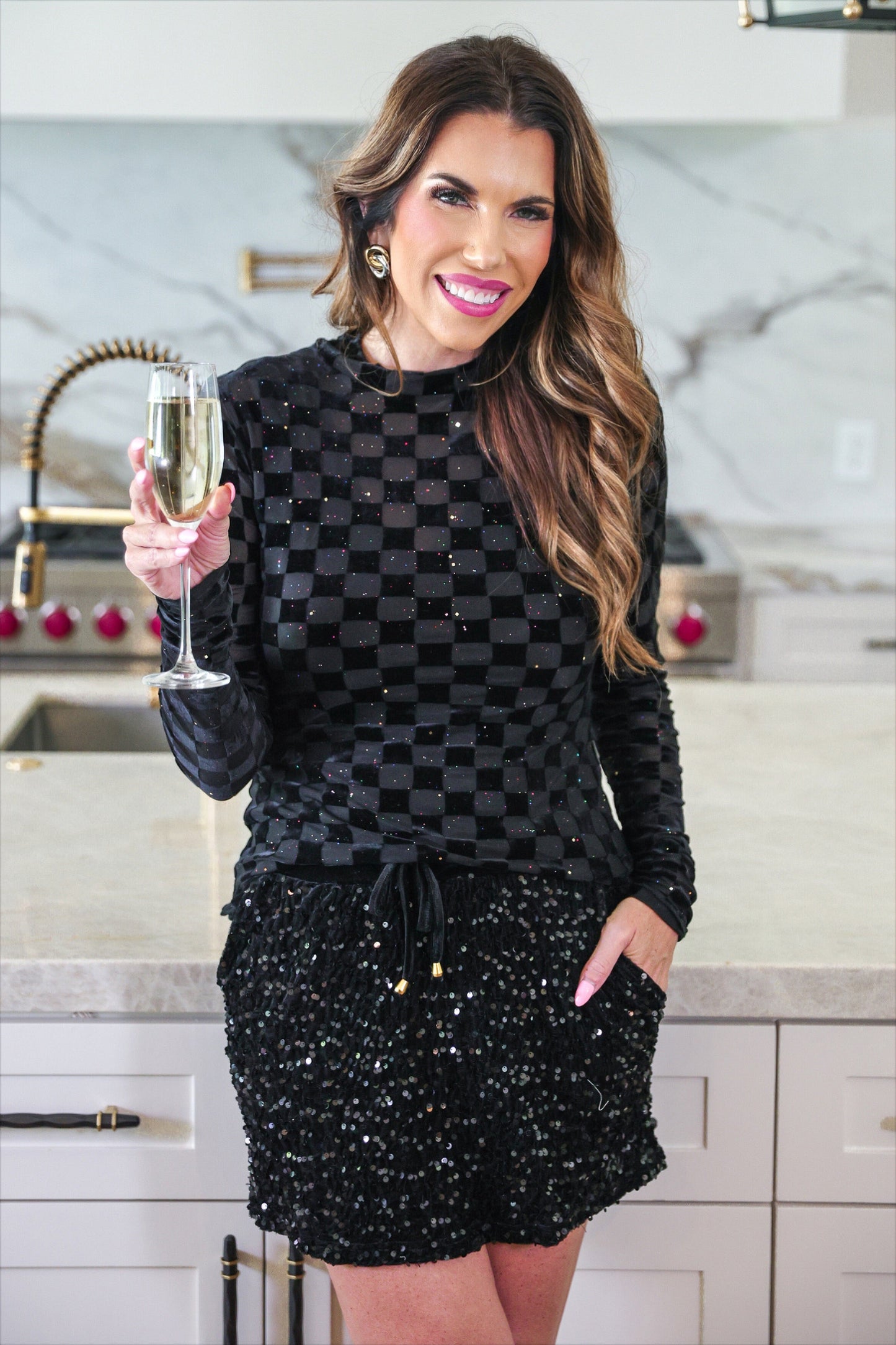 PREORDER- Times Square Velvet Mesh Top- Black Checkered