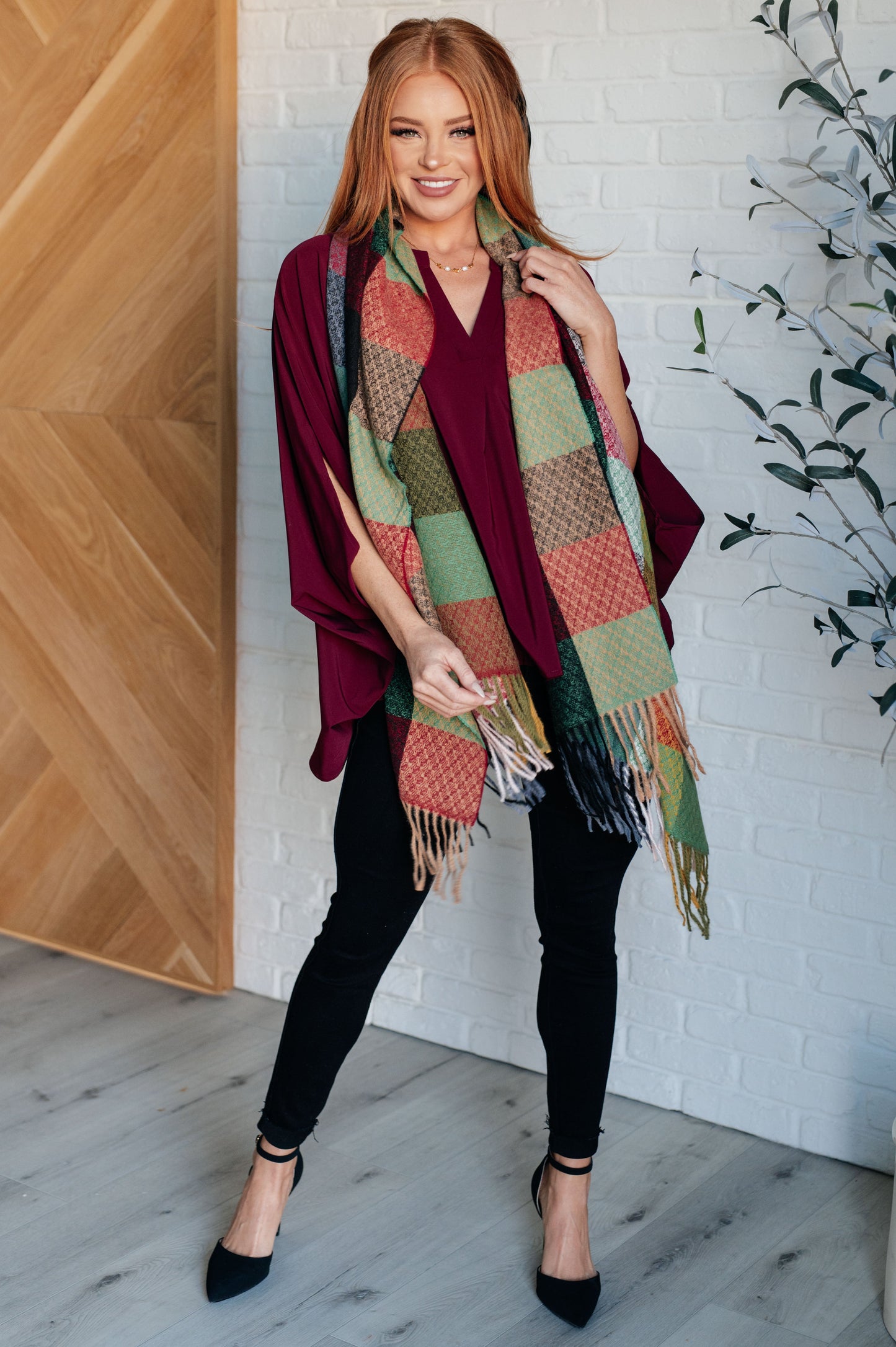 Keep Me Cozy Checkered Fringe Scarf in Berry