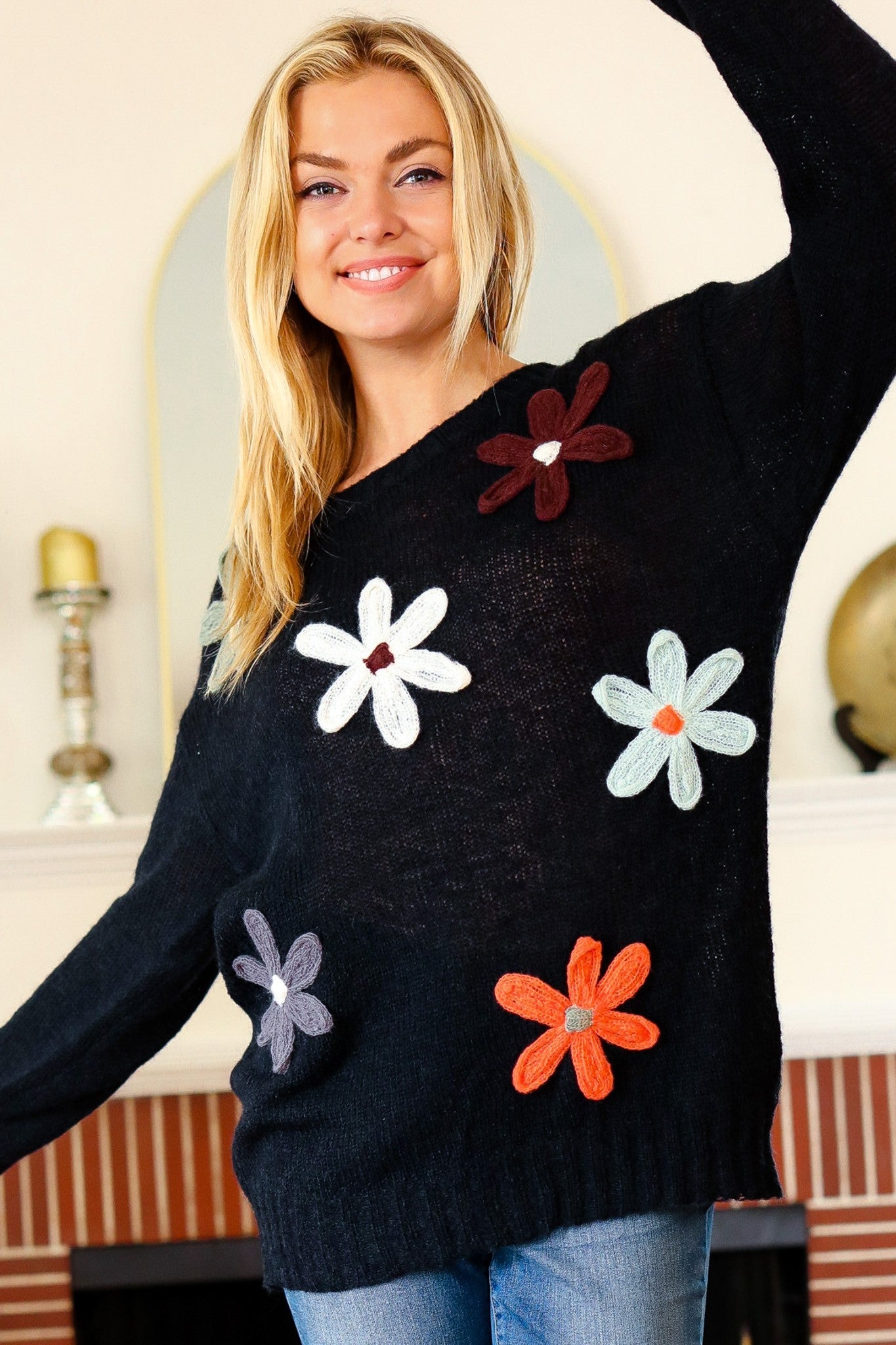 Long Sleeve Flower Patches Sweater Knit Top