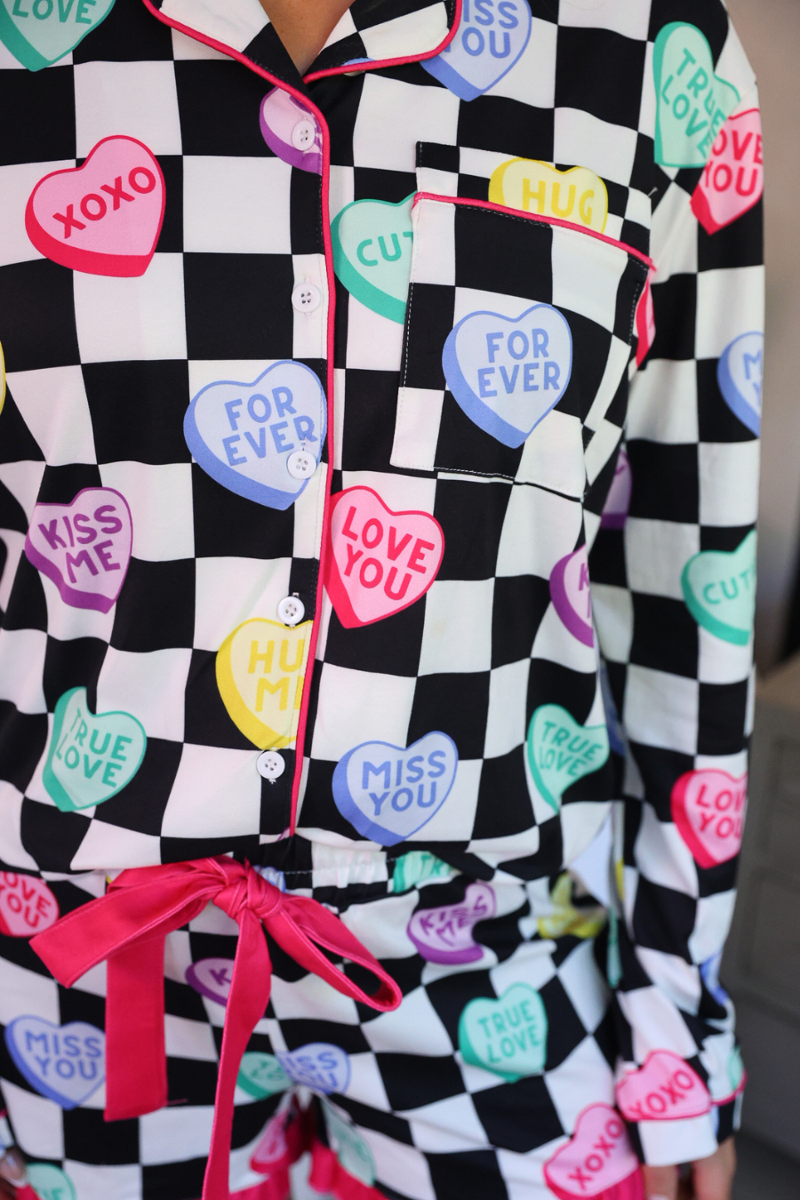 PREORDER- Checkered Conversation Hearts Ruffle Pajama Set
