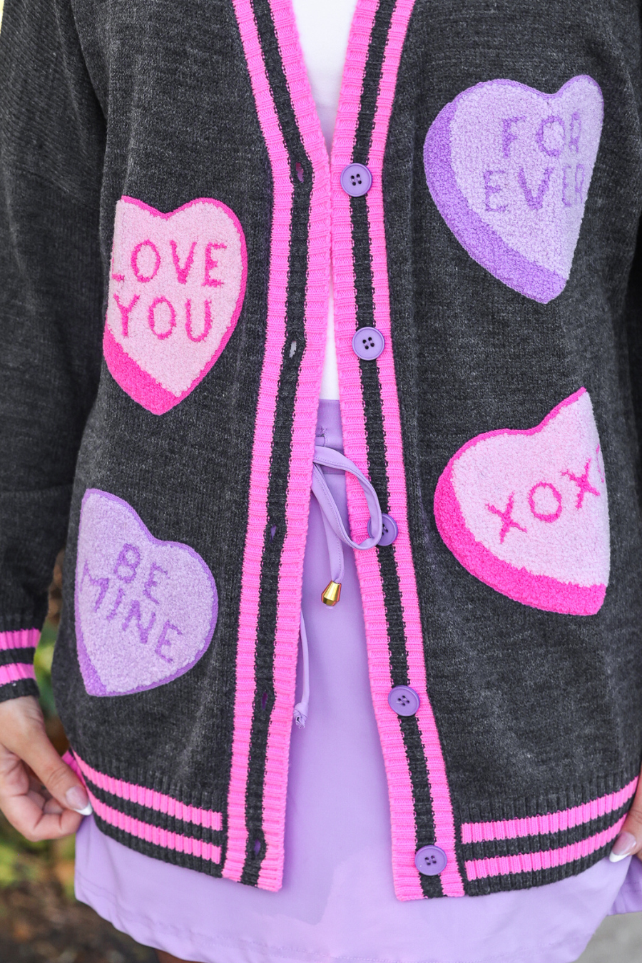 PREORDER- Chenille Patch Candy Hearts Relaxed Cardigan