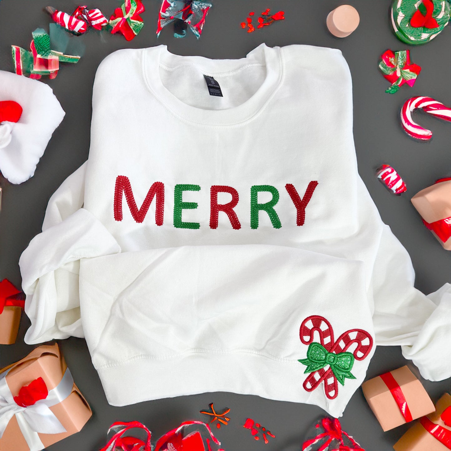 Merry bold chain stitch with front candy cane bow