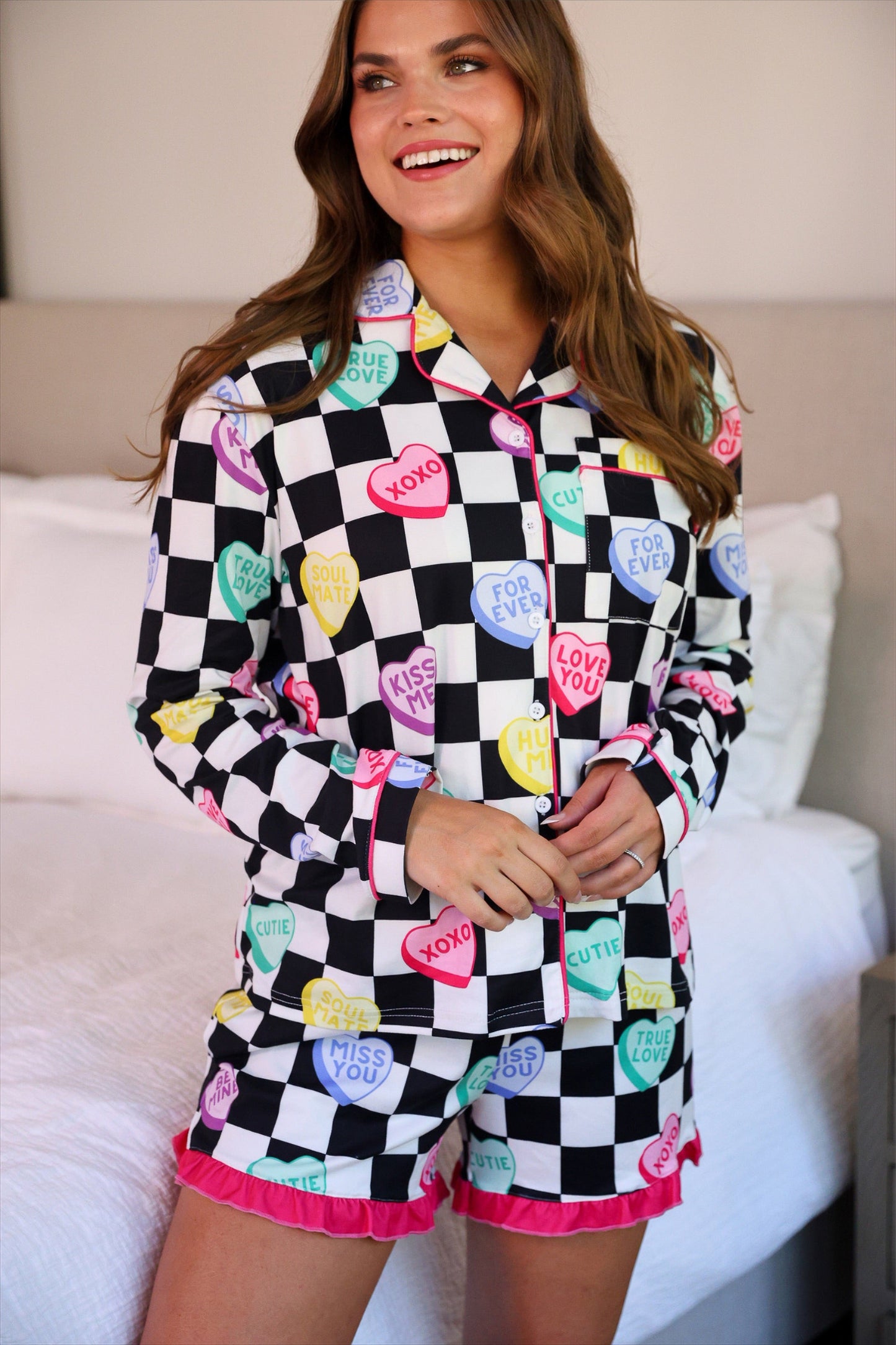 PREORDER- Checkered Conversation Hearts Ruffle Pajama Set