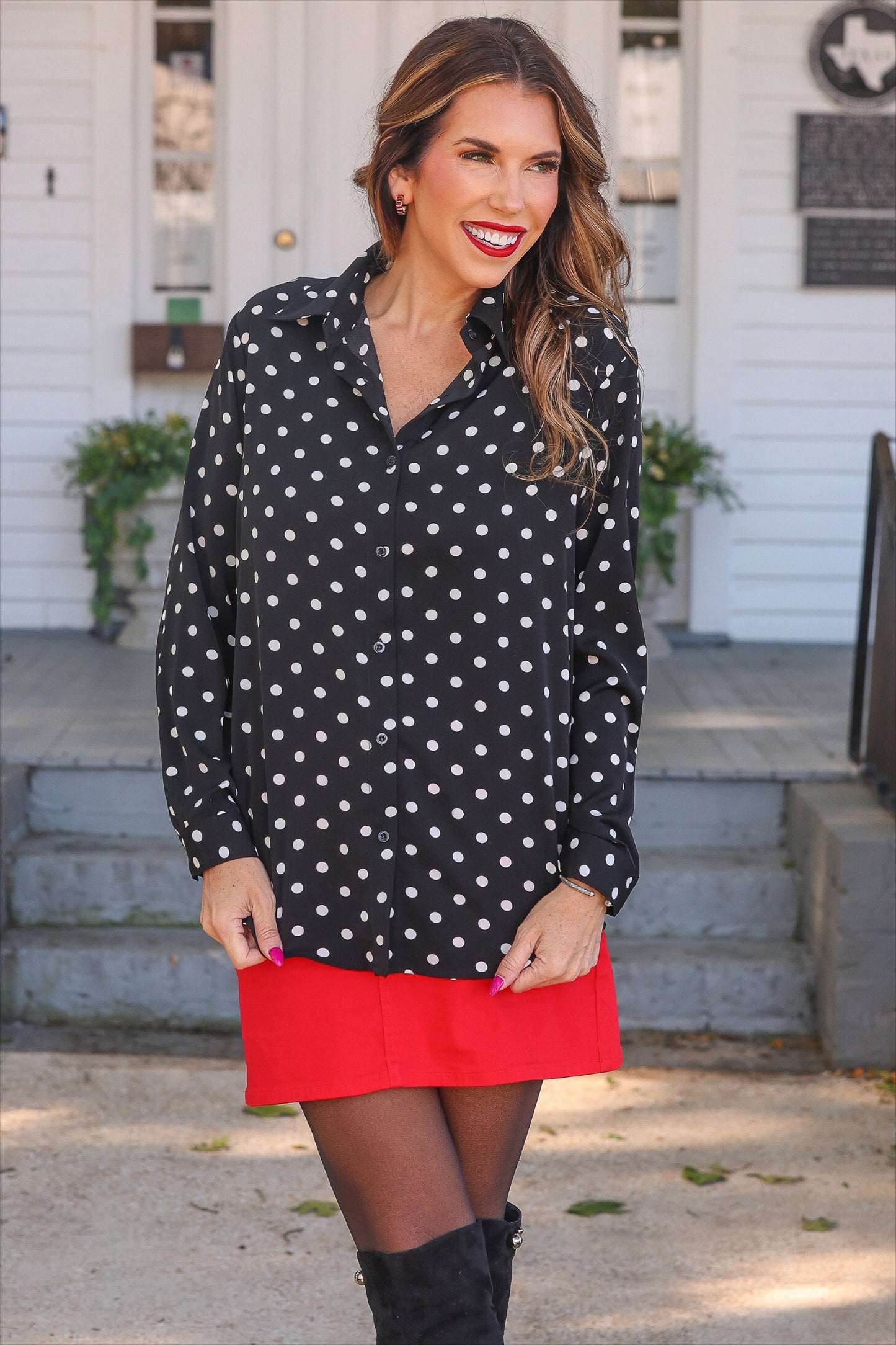 PREORDER- Nina Button Up Tunic- After Dark Polka Dot